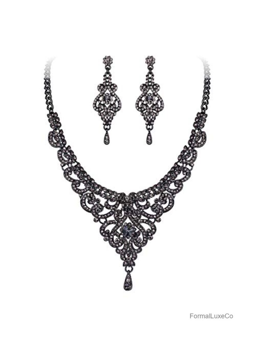 Vintage Crystal Rhinestone Art Deco Wedding Bridal Jewelry Set Necklace Earrings